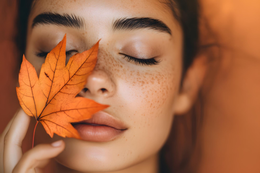 Woman's face with eyes closed holding a fall leaf to her face