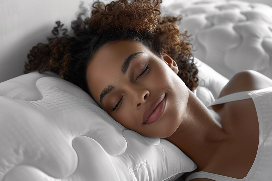 Image of a young smiling beautiful lady lying in bed indoors Eyes closed smile